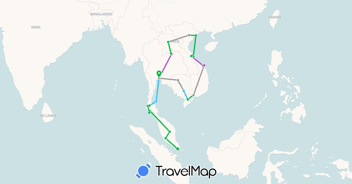 TravelMap itinerary: bus, plane, train, boat in Cambodia, Laos, Malaysia, Singapore, Thailand, Vietnam (Asia)
