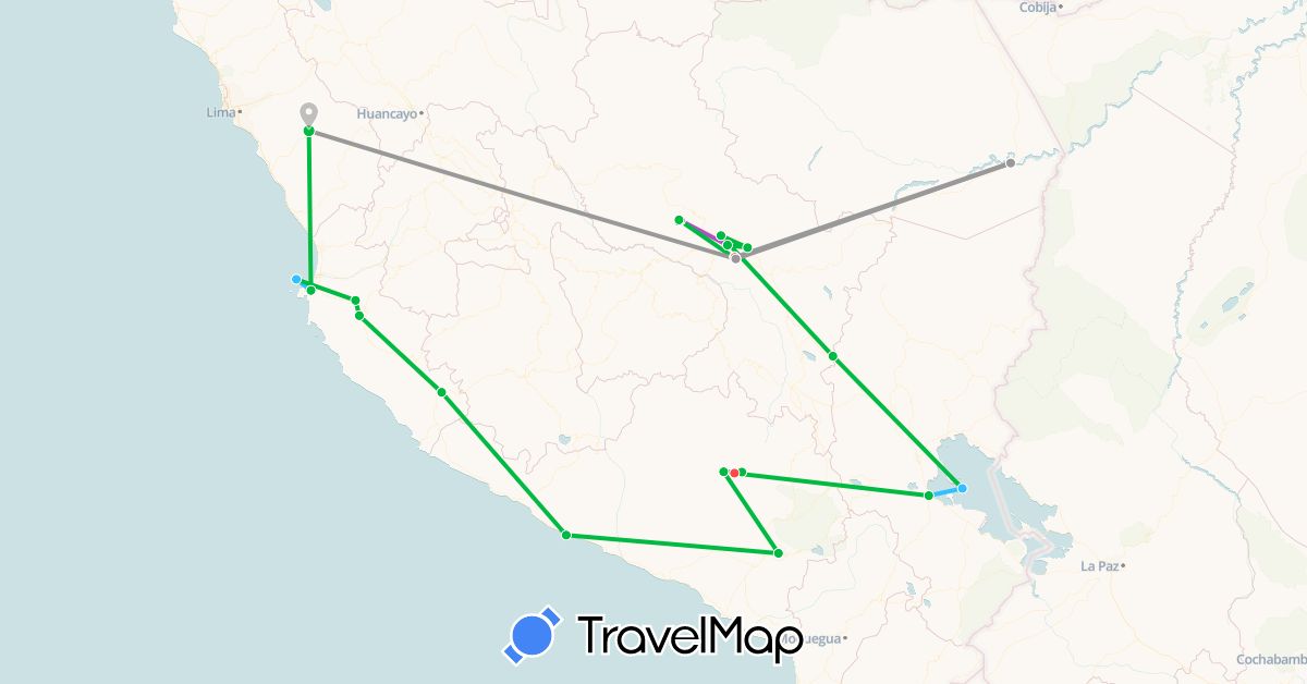 TravelMap itinerary: bus, plane, train, hiking, boat in Peru (South America)